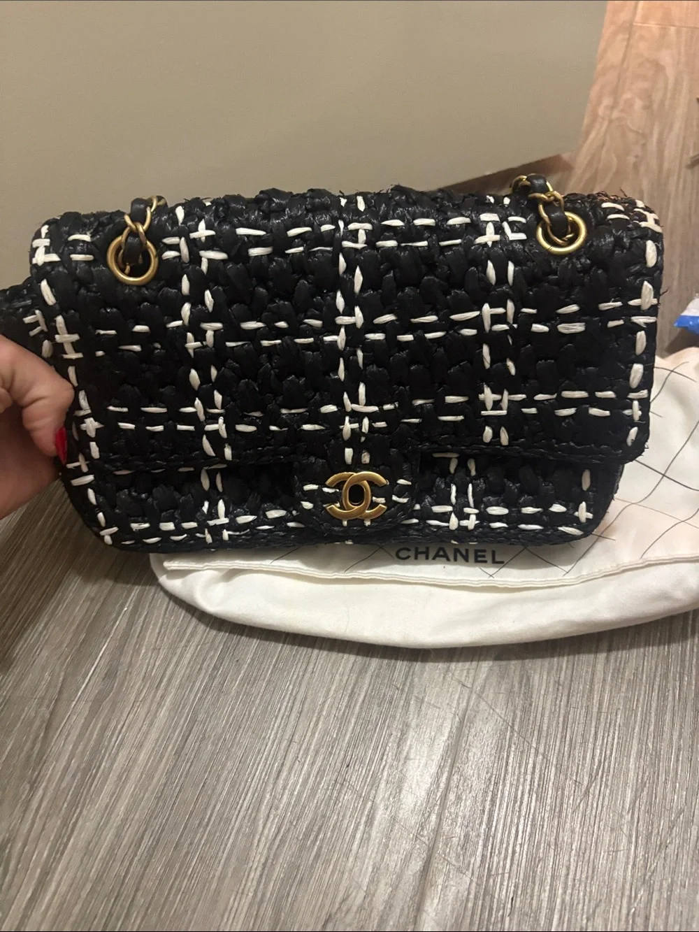 CHANEL Black Tweed Shoulder Bag with White Stitching & Gold Chain
